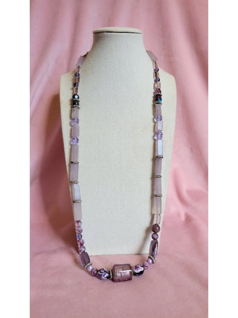 Lavender Fluorite? Dark Purple Glass Swirl Faceted Bead Handmade Necklace N1B